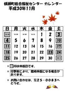 休館日カレンダー(掲示・チラシ)H30.11のサムネイル